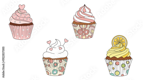 Collection of four delicious gourmet cupcakes with various pink, white, and yellow frostings decorated with hearts, sprinkles, and a lemon slice.