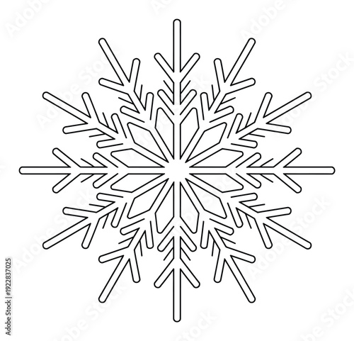 Black and white outline of a symmetrical snowflake with intricate crystalline patterns