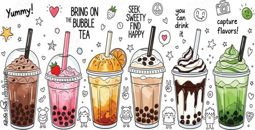 Vibrant Bubble Tea and Smoothie Illustration Collection with Playful Doodles and Motivational Quotes