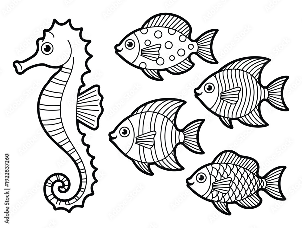 Fototapeta premium Cute cartoon seahorse and fish coloring pages