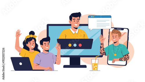 Diverse group of young people communicating via video conference using a desktop computer, laptop, and smartphone in a modern setting.