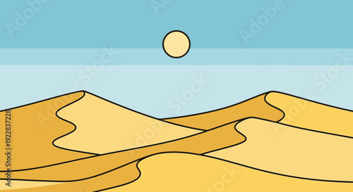 Minimalist Desert Landscape Illustration with Golden Sand Dunes and Bright Sun
