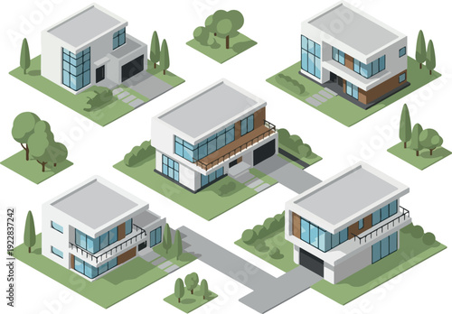 Isometric illustration of modern houses with gardens and pathways in a suburban neighborhood viewed from above