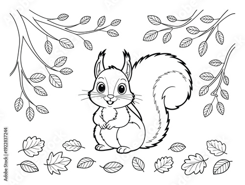 Cute cartoon squirrel with autumn leaves and branches, coloring page