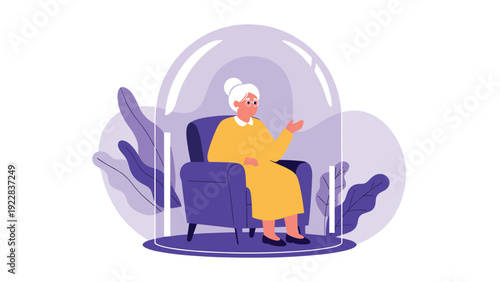 Senior woman sitting in an armchair inside a protective glass dome representing isolation, vulnerability, or health quarantine measures.