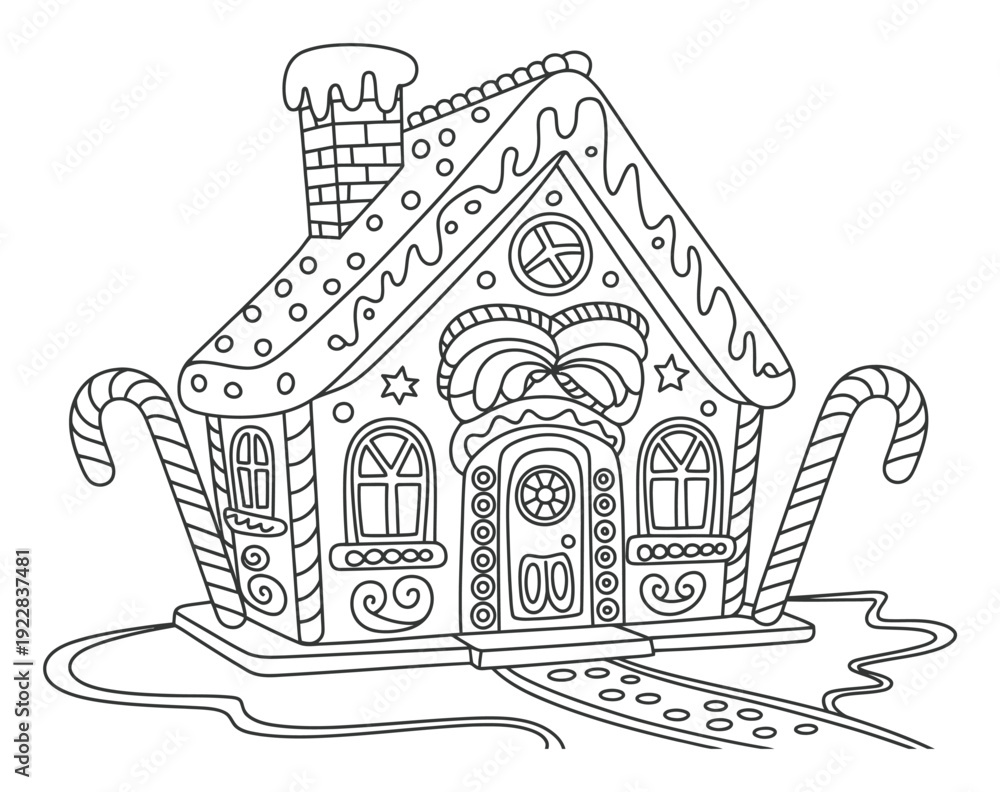 Fototapeta premium Festive Gingerbread House with Candy Cane Decorations Coloring Page