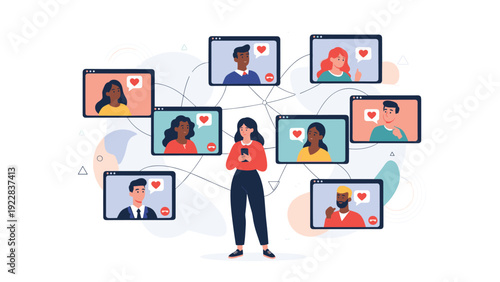 Young woman standing and using her smartphone while surrounded by floating video call bubbles showing diverse people with heart icons.