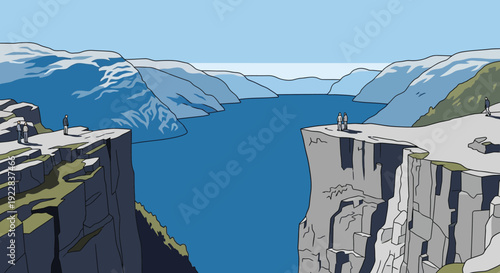 Stunning Mountainous Fjord Scenery with Hikers and Blue Waters