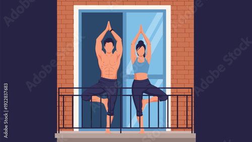 Fit man and woman practicing yoga tree pose on a balcony during the night with the dark sky and brick wall in the background.