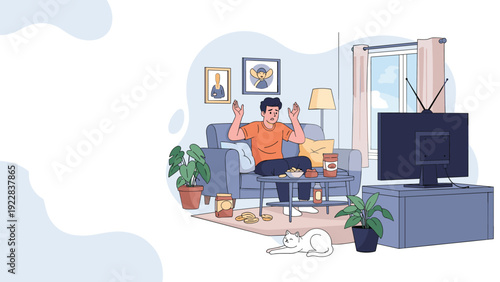 Young man sitting on a sofa and watching an exciting show on a large TV in a cluttered living room with snacks and a cat.