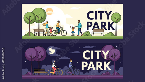 Set of two horizontal banners for City Park showing people cycling and walking during a sunny day and a calm moonlit night.