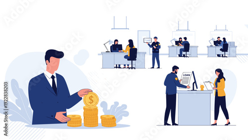 Professional scene showing various people working in a bank including tellers serving customers, a manager with coins, and security staff.