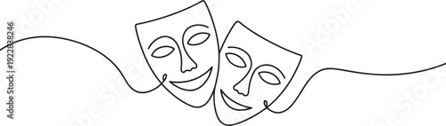 Two joyful theatrical comedy masks are connected by a single flowing line.