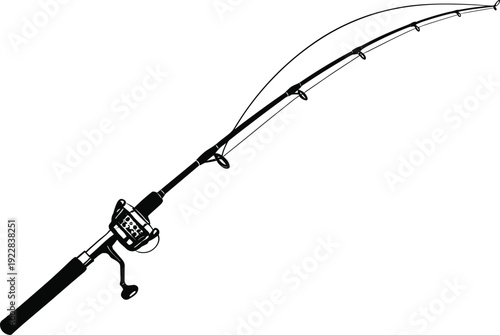 Black and White Vector Silhouette of a Curved Fishing Rod with Reel for Angling and Outdoor Recreational Sports Designs