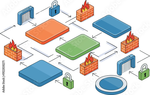 Data security system diagram illustrating protection and vulnerability concepts through digital locks and firewalls from a top-down viewpoint