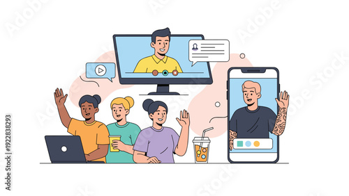 Group of diverse young people having a fun video call through a desktop monitor and a smartphone while waving and smiling.