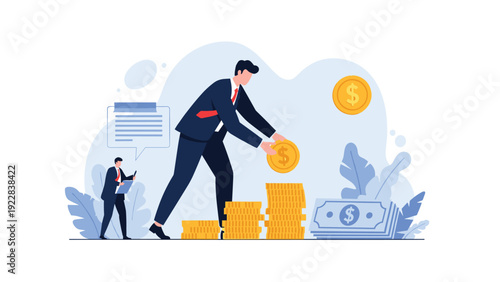 Successful businessman stacks large gold dollar coins to create a staircase representing financial growth and investment success.