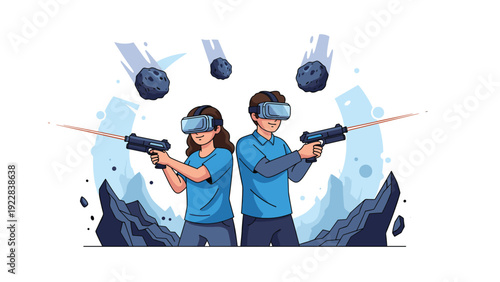 Young man and woman wear virtual reality headsets while playing an immersive sci-fi action game with blasters.