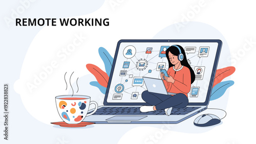 Woman works remotely on her laptop while surrounded by digital connectivity icons and a large cup of hot coffee.