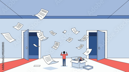 Overwhelmed office employee stands amidst a whirlwind of flying papers near open doors in a clean modern workspace.
