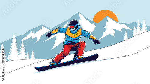 Professional snowboarder performs a high speed descent down a snow covered mountain slope during a bright sunny winter day.