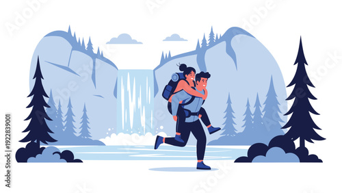 Happy couple enjoys an outdoor adventure with a man giving a woman a piggyback ride near a scenic mountain waterfall.