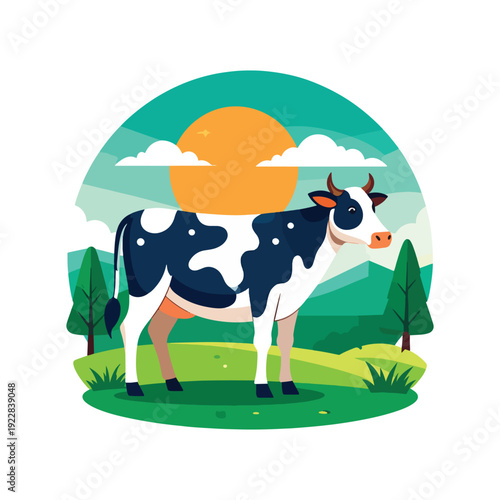 Farm Animal Dairy Cow in a Green Pasture Landscape with Mountains and Sunrise Presenting Rural Livestock and Agriculture Environment