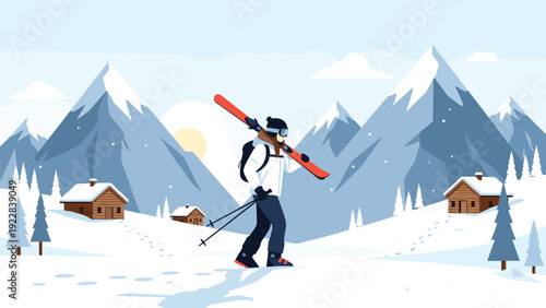 Lone skier walks through a peaceful snow covered mountain village carrying their skis on their shoulder at sunset.