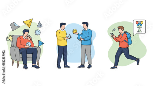 People interact with geometric shapes and a mobile application in three different conceptual scenes about design and technology.