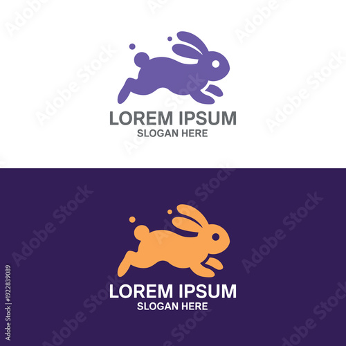 Dynamic rabbit silhouette logo designs in purple and yellow with energetic jumping pose and modern typography for branding concepts