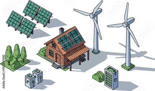 Sustainable energy sources powering a modern eco-friendly house with solar panels and wind turbines in a serene landscape