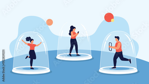 People exercise and maintain social distance by using gym equipment inside individual glass domes for safety and health.