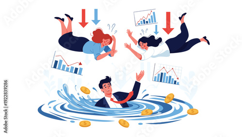 Business people fall through the air alongside financial charts and gold coins into a turbulent whirlpool of water.