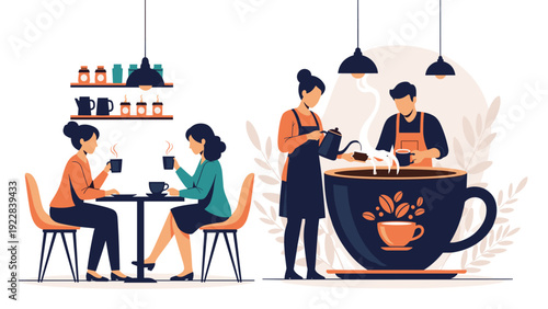 Customers enjoy coffee at a table in a cozy cafe while baristas prepare drinks behind a giant decorative coffee cup.