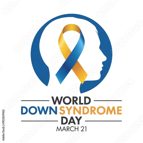 Human Profile Silhouette with Awareness Ribbon Logo, World Down Syndrome Day Intellectual Disability Advocacy for Medical Clinics and Nonprofits