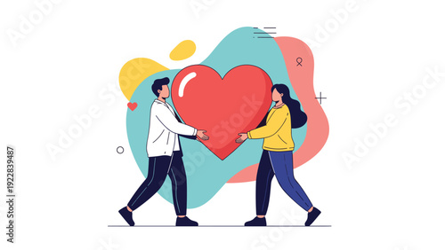 Man and woman carry a giant red heart together to symbolize their shared love and strong emotional connection.