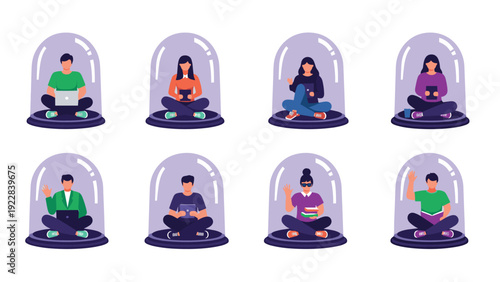 Multiple people sit cross legged under individual glass domes while working on their laptops and tablets in isolation.