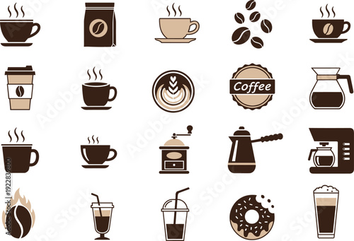 Coffee Icons Set Collection Featuring Cups Beans Grinder Espresso Maker French Press Latte Donut and Takeaway Drinks Vector Illustration