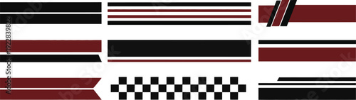 Racing stripes and sports car decals with checkered patterns and speed lines in black and dark red colors.