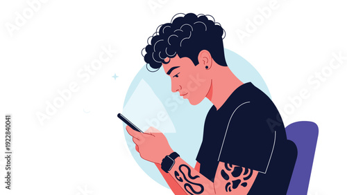 Young man with curly hair and arm tattoos sits comfortably while focused on his mobile smartphone screen against a simple circular background design.