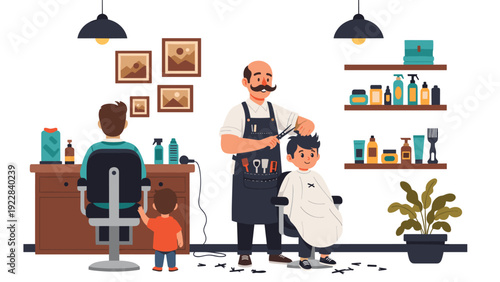 Skilled barber provides a haircut to a young boy while another customer waits in a vintage style barbershop equipped with shelves and mirrors.