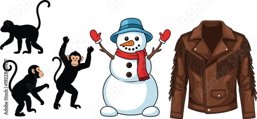 Collection of Vector Illustrations Featuring Monkey Silhouettes in Various Poses, a Happy Winter Snowman with Scarf, and a Brown Leather Fringe Jacket