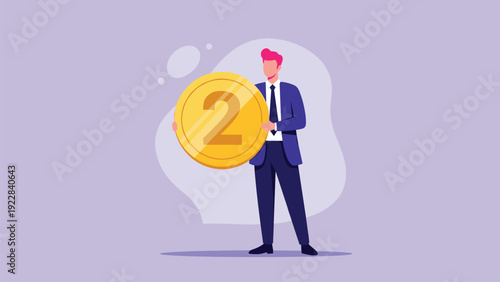 Professional businessman proudly holds a giant gold coin with the number two representing financial success, savings, or a second place achievement.