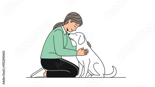Heartwarming illustration of a young woman kneeling on the ground while affectionately hugging her white pet dog in a moment of pure companionship.