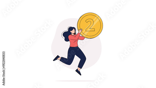 Energetic young woman leaps through the air with joy while holding a large gold coin featuring the number two representing victory and success.
