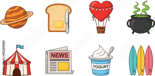 Colorful Vector Illustration Set Featuring Saturn Planet, Buttered Toast, Heart Hot Air Balloon, Magic Cauldron, Circus Tent, Newspaper, Yogurt Cup, and Surfboards
