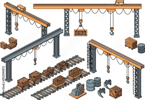 Industrial warehouse scene with cranes lifting crates and cargo on rails from various viewpoints