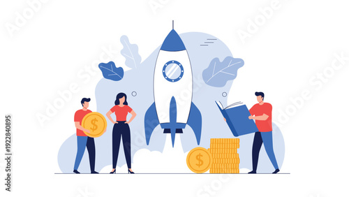 Innovative team of people works together around a launching space rocket symbolizing business growth, learning, and financial investment in a new startup.