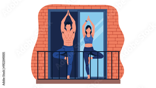 Healthy couple practices the tree yoga pose on their apartment balcony during the morning to start their day with balance and mindfulness at home.
