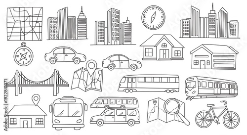 Wallpaper Mural Hand-drawn outline illustrations of travel and city elements, including buildings and transportation Torontodigital.ca